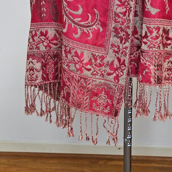 Woman's red/brick red cottagecore autumn floral reversable fringe shawl wrap OS - Picture 4 of 9